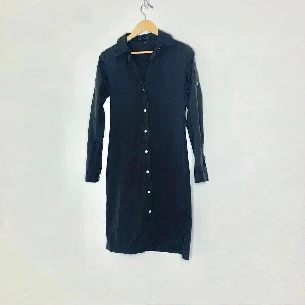 Theory black collared midi shirt dress long sleeve sz 6 - Picture 2 of 10